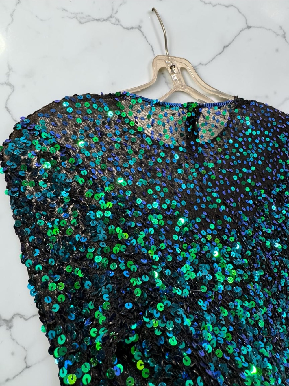 Mac Duggal Green and Blue Iridescent Sequin Long-Sleeve Dress - Picture 4 of 6